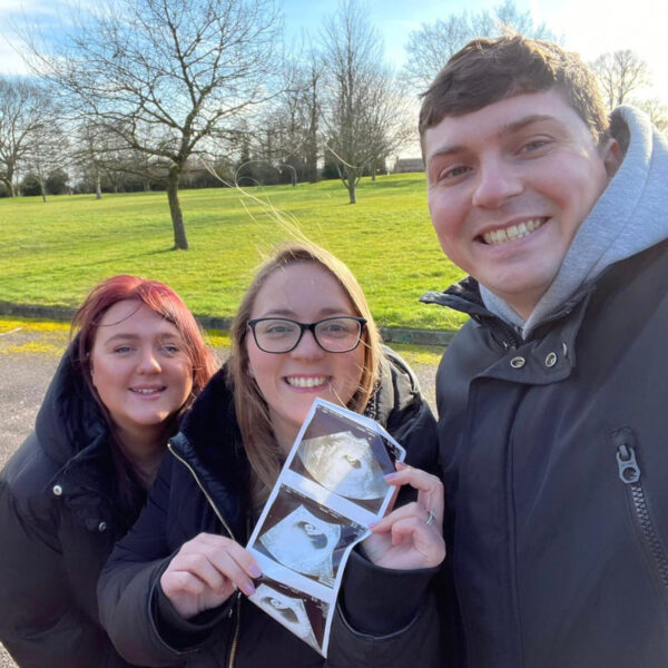 Sophie, Chloe and Chris at the seven-week scan at Bourn Hall Cambridge