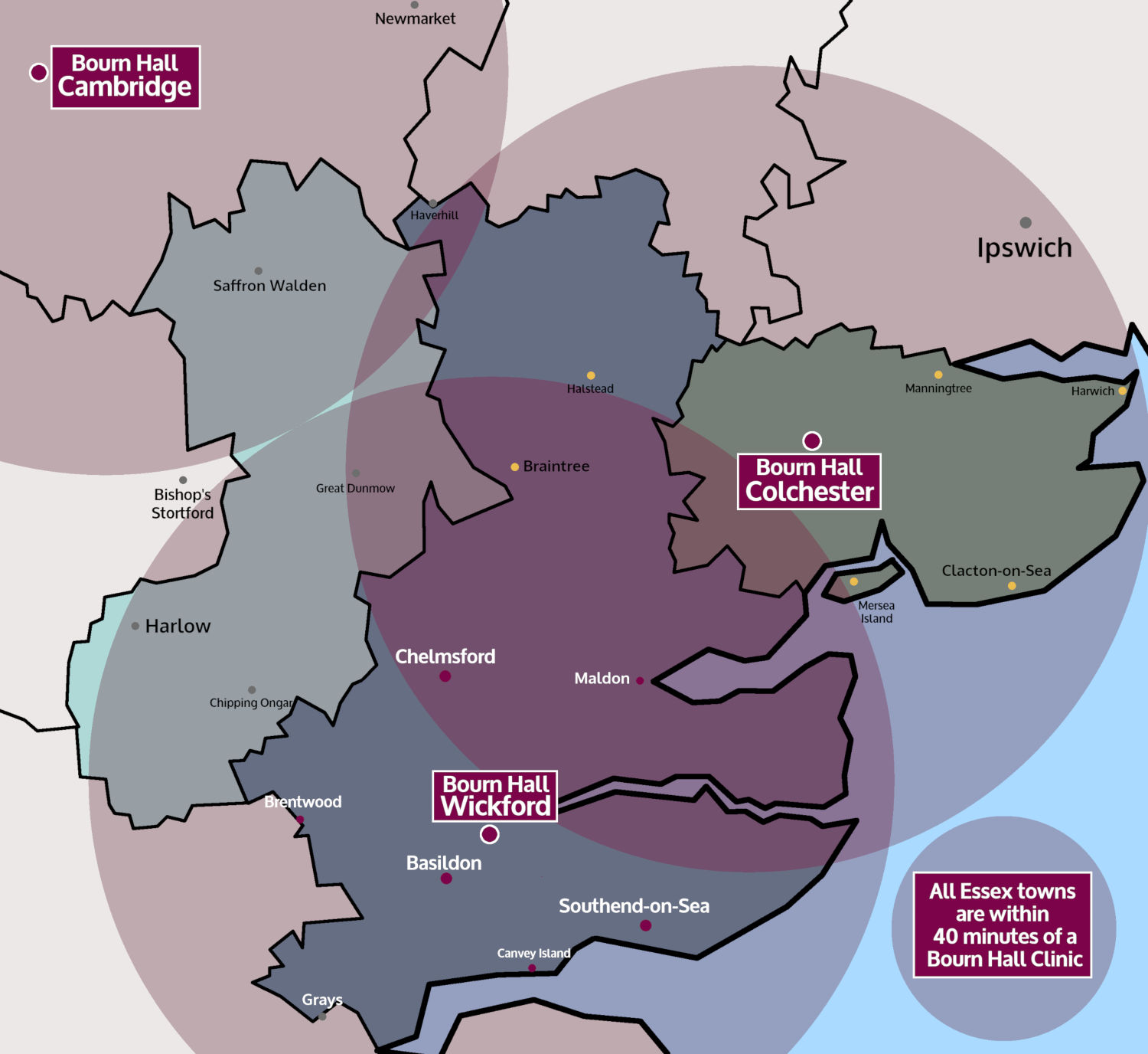 Locations within 40 minutes of a Bourn Hall clinic in Essex