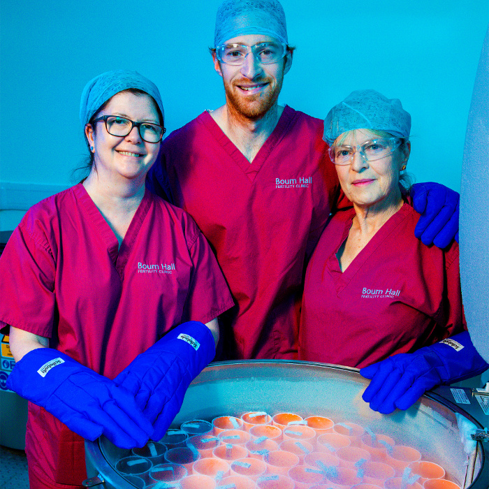 Jamie Facer-Childs with Anne O’Leary and Ro Facer opening frozen donor egg bank