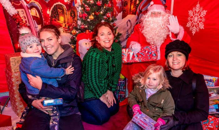 Leonie with Bear; Bourn Hall's Angela Leach; Santa Claus; Shanna with Arabella