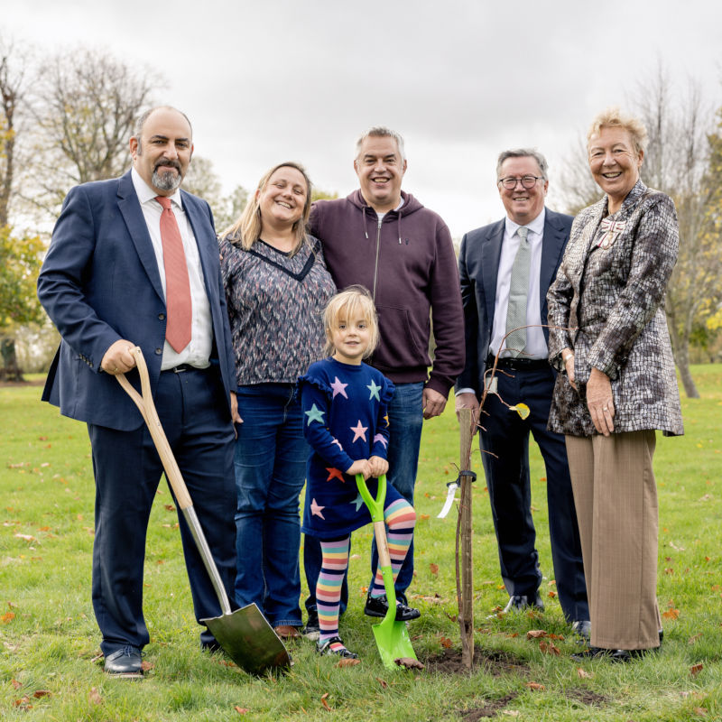 Thanos Papathanasiou (Bourn Hall), Jessica, Marc and Lizzie with Mike Macnamee (Bourn Hall) and Julie Spence (Lord-Lieutenant of Cambridgeshire)